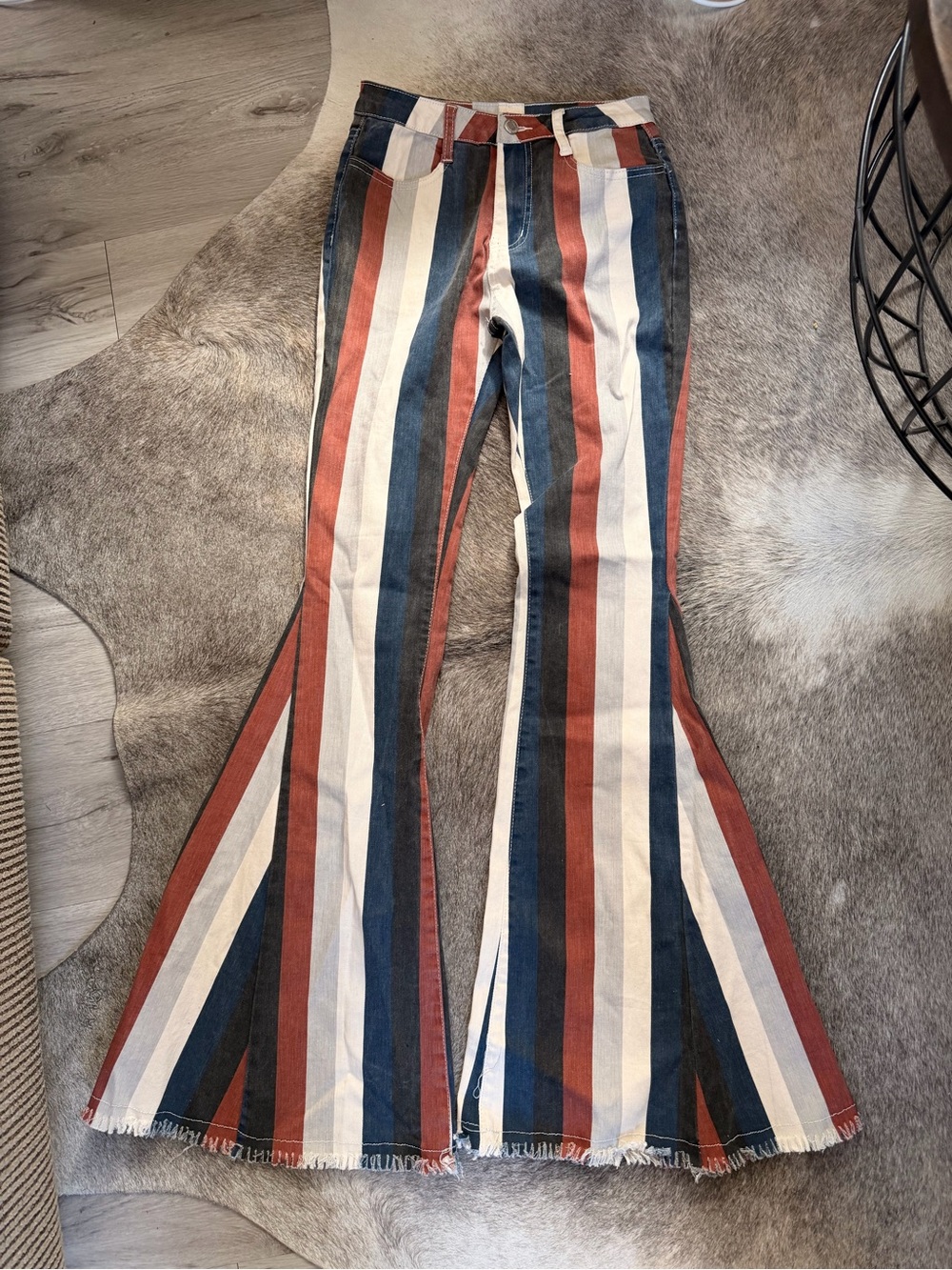 Striped High-Rise Flare Jeans in Rust, Navy & Cream